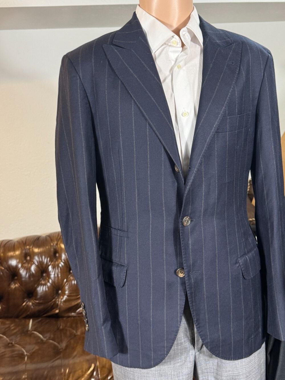 Brunello Cucinelli Navy Blue Wool Flannel Striped Peak Lapel Blazer 50 40R